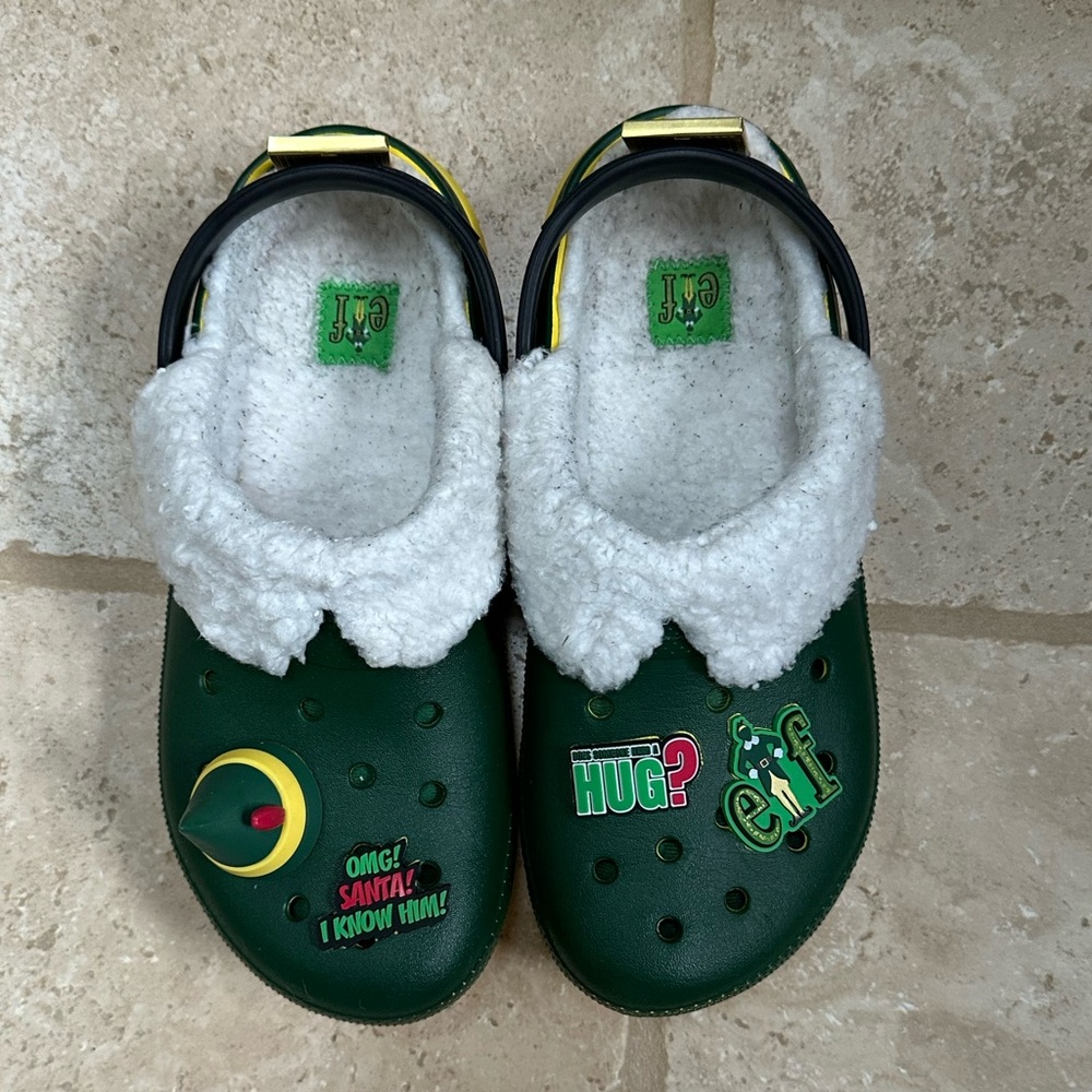 Sz 5 CROCS Kids Green Fuzzy-Lined Holiday ELF Clogs with Festive Jibbitz